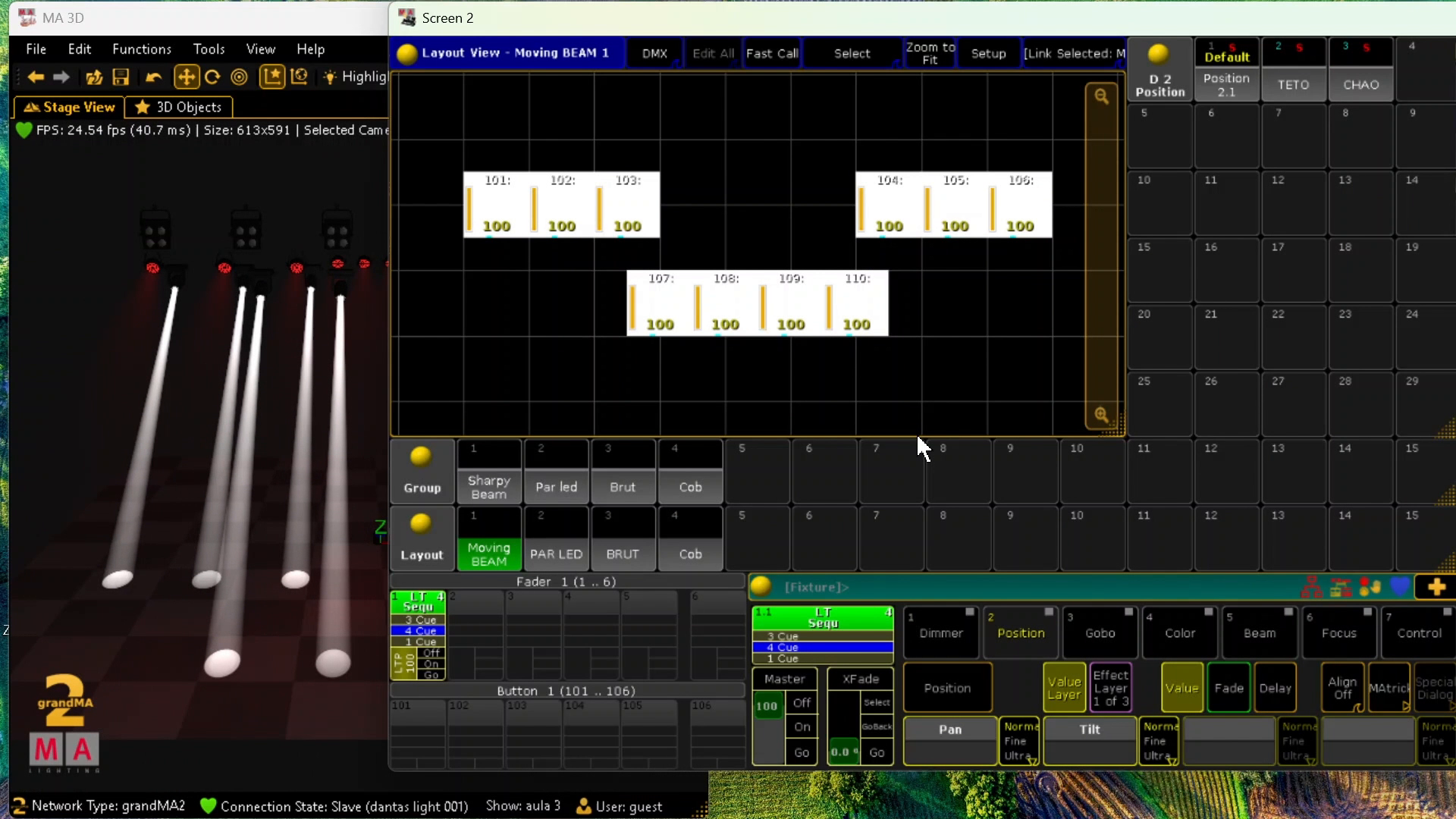 Visualizador 3D com os aparelhos acesos, o Layout View e o executor com a sequência de cues